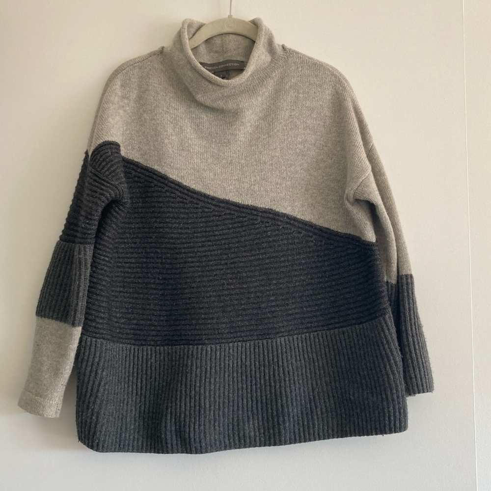French Connection Asymmetrical Gray Sweater Mockneck Size SM